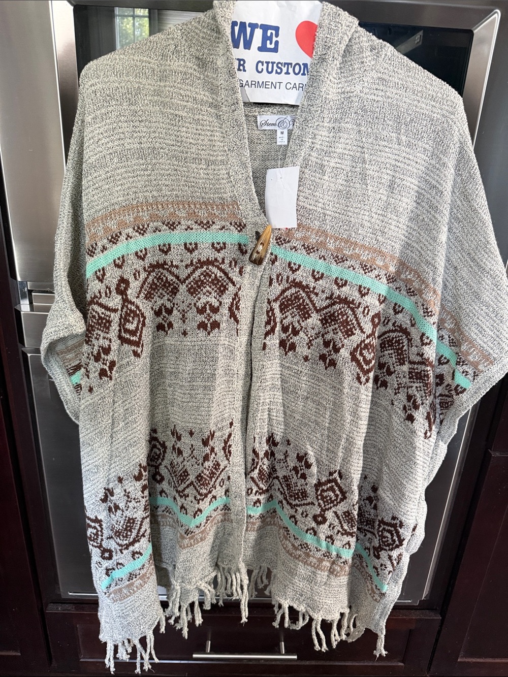 Gray Aztec Hooded Poncho with Mint & Brown Accents